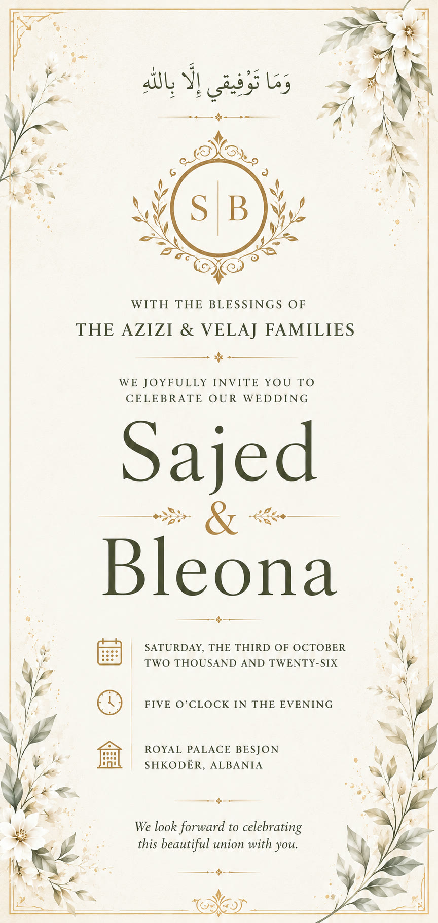 Sajed and Bleona wedding invitation — 03 October 2026, Royal Palace Besjon, Shkodër, Albania