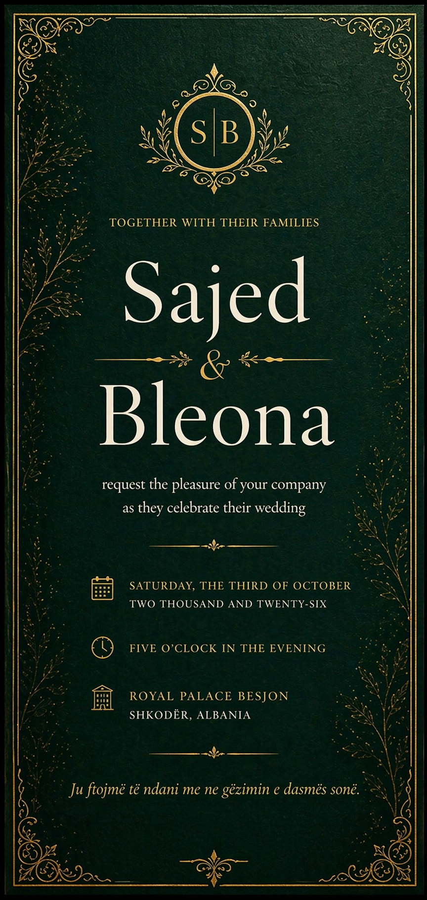 Sajed and Bleona wedding invitation — 03 October 2026, Royal Palace Besjon, Shkodër, Albania